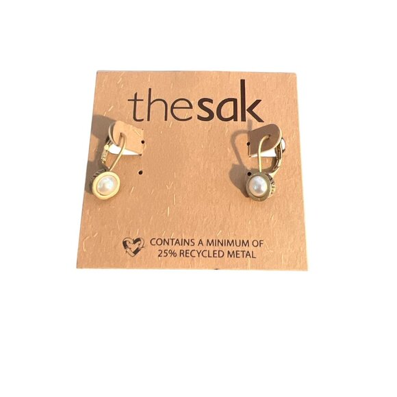 The Sak Recycled Metal Earrings Gold Tone Dangle Faux Pearls Leverback .75" New - Picture 1 of 6